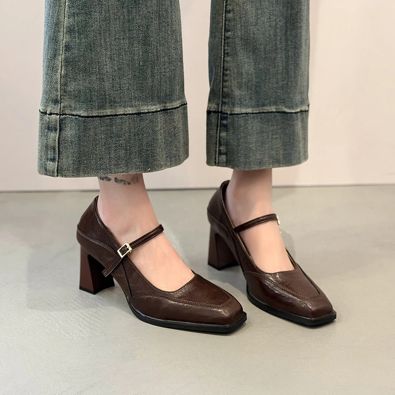 

2025 New Spring French Chunky Single Shoes Square Head High Heels Mary Jane Women's Shoes Size 35-42 Fashion Shoes