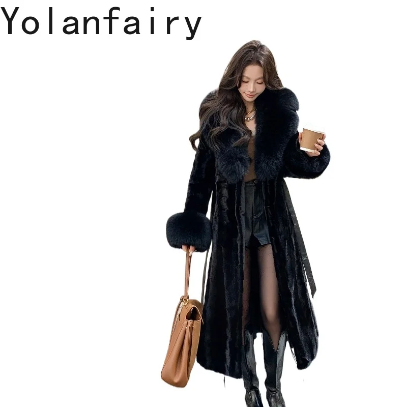 YOLANFAIRY Real Fur Coat Women High Quality Pieced Mink Jacket with Belt Winter Luxury Fox Fur Collar Long Mink Fur Coats 114cm