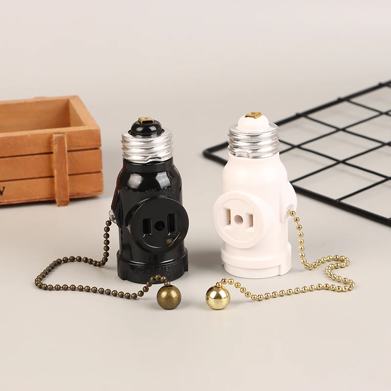 White Black Bakelite L5-15R US to E26 Light Bulb Socket With 15CM Pull Chain Switch America Lamp Holder Conversion Base