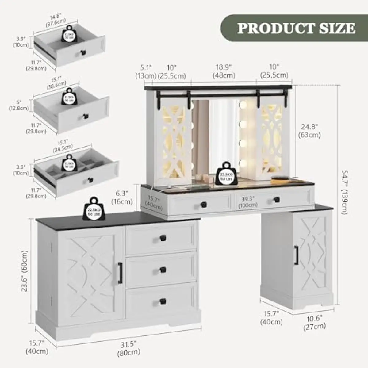 Farmhouse-inspired vanity unit with adjustable LED mirror lighting 5 drawers 9 open shelves sliding glass doors tempered tableto