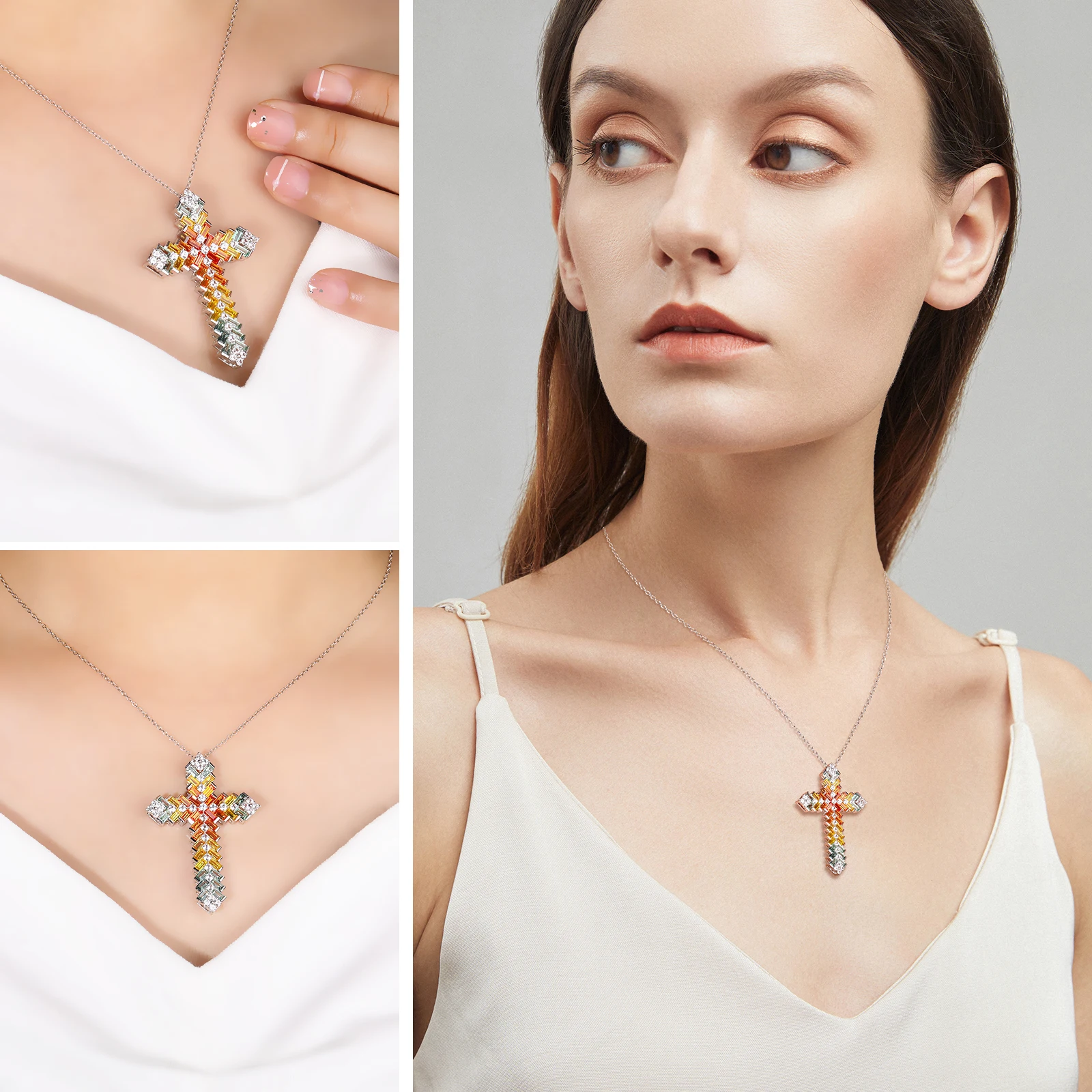 GZ ZONGFA 925 Sterling Silver Colorful Cross Necklace for Women 6.5ct Created Colorful Gemstone Sapphire Necklaces Fine Jewelry