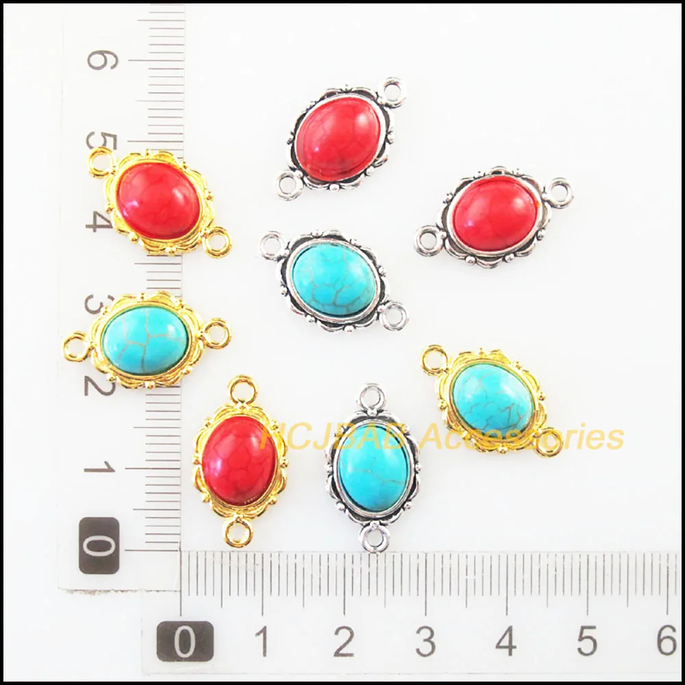 Fashion 20Pcs Retro Gold Color Tibetan Silver Tone Oval Flower Blue&Red Stone Charms Connectors 12x21mm