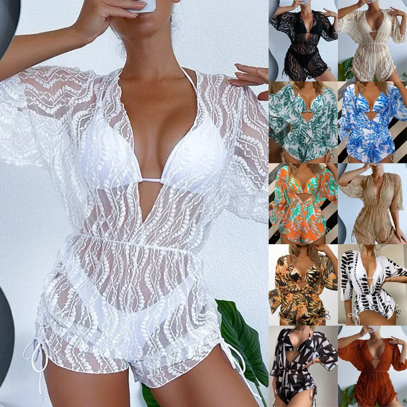 Three Pieces Lace Hollow Out Bikini for Women Sexy Swimwear with Female Pleated Cover Up Swimsuit Beach Wear Bathing Suits