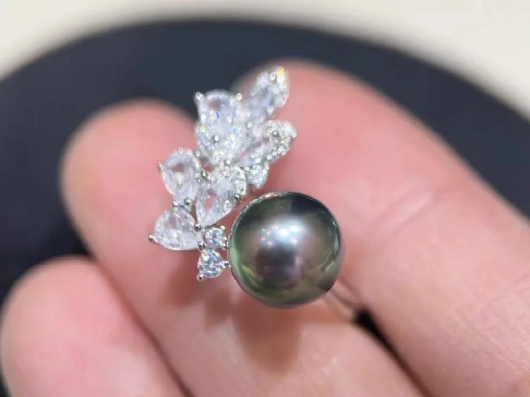 

AAAA ++++10-11MM 9-10mm ROUND black pearl Sparrow Feather Shining Zircon Open Copper Gold Plated Ring Gold Silver