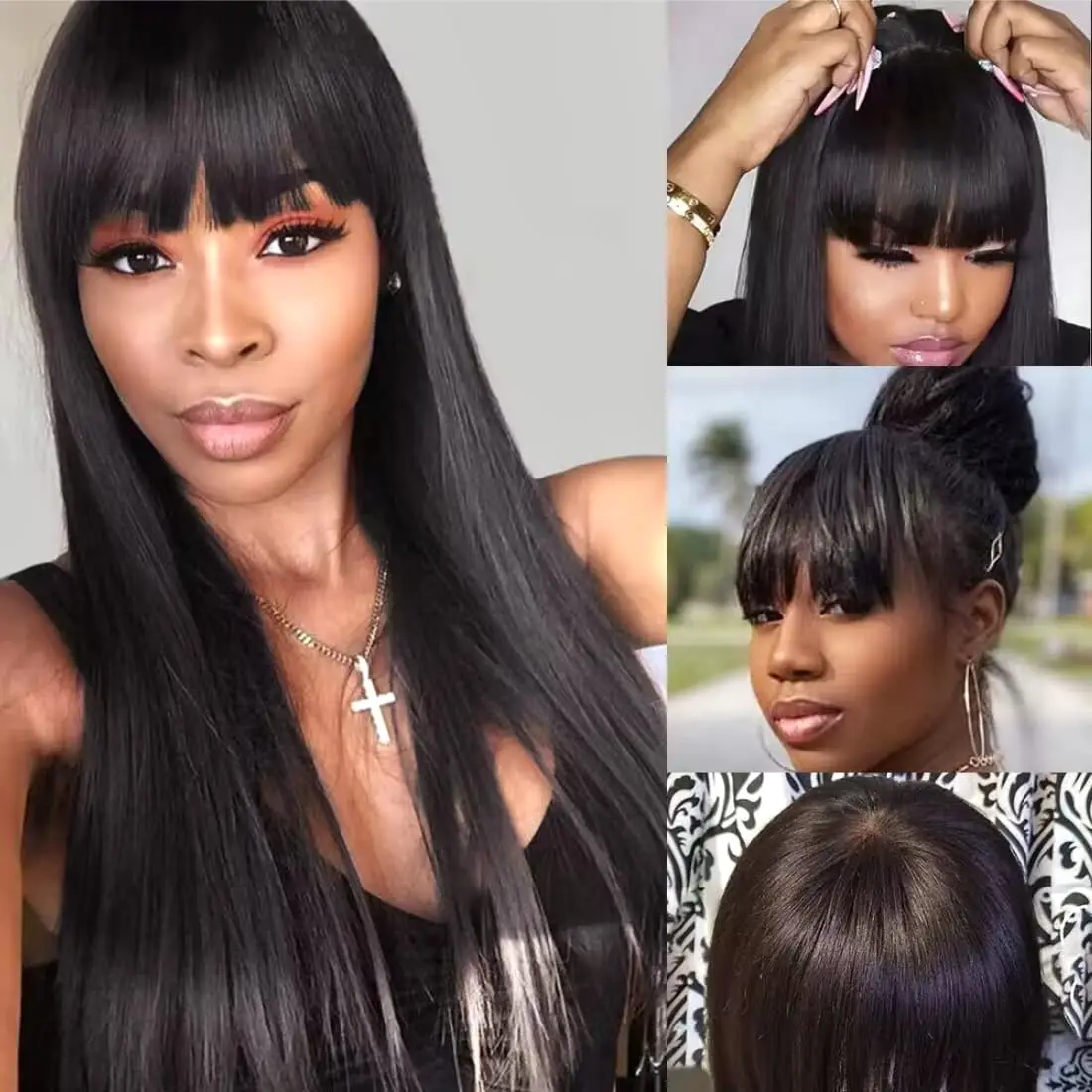 Brazilian Straight Human Hair Wigs With Bangs for Black Women Easy To Wear Machine Made Straight Fringe Wigs 100% Human Hair