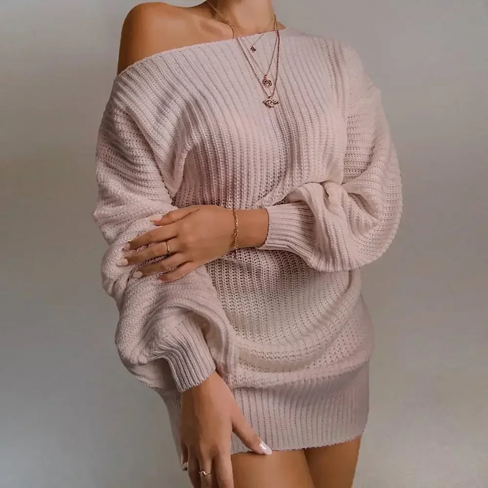 Womens Dresses Spring Fashion Cold Shoulder Lantern Sleeve Casual Plain Long Sleeve Daily Mini Knit Sweater Dress Woman Clothing