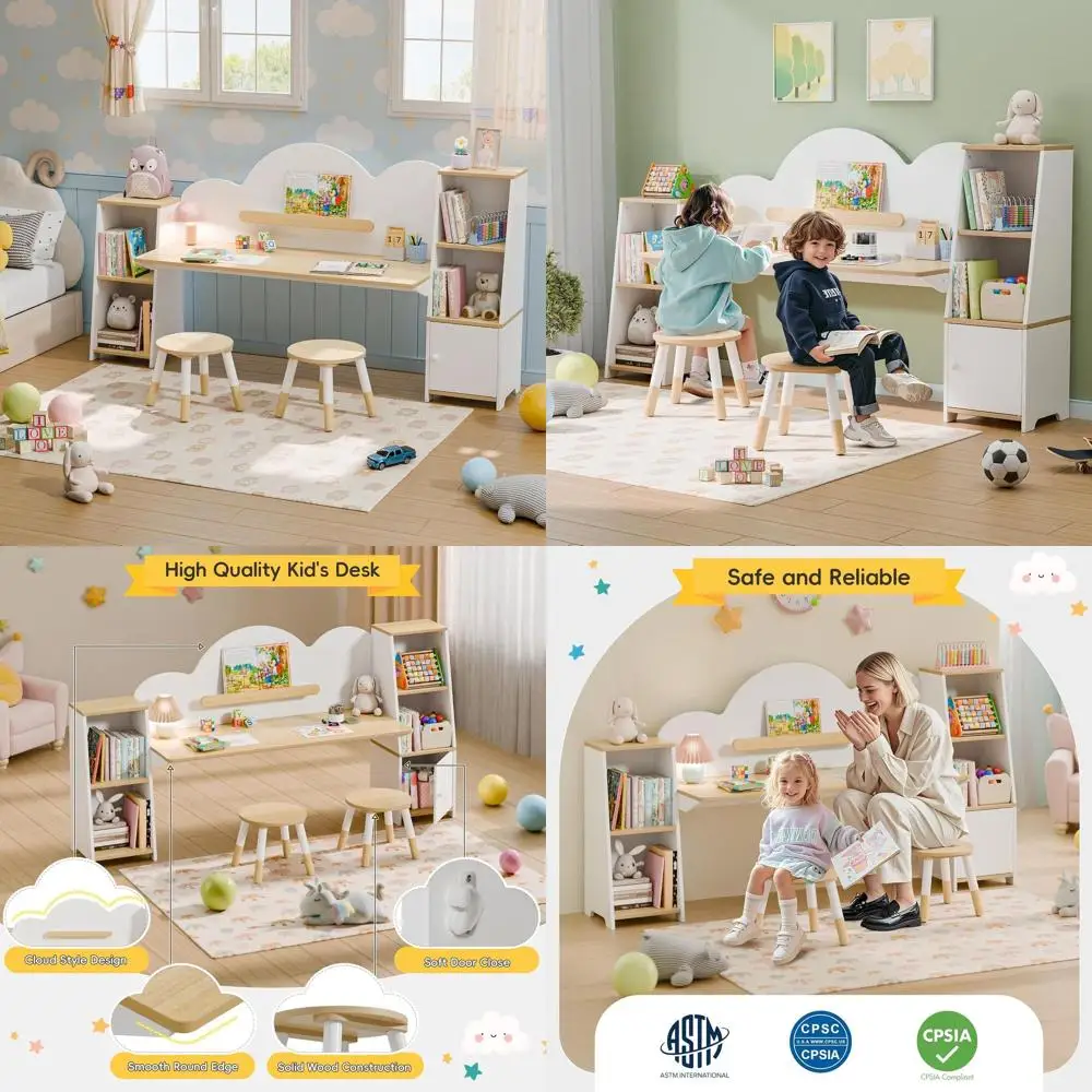 

Детский учебный стол с книжными полками, 2 табуретами, комплектом шкафчиков для хранения, деревянный письменный стол для детей 3-8 лет, подходит для мальчиков и девочек.