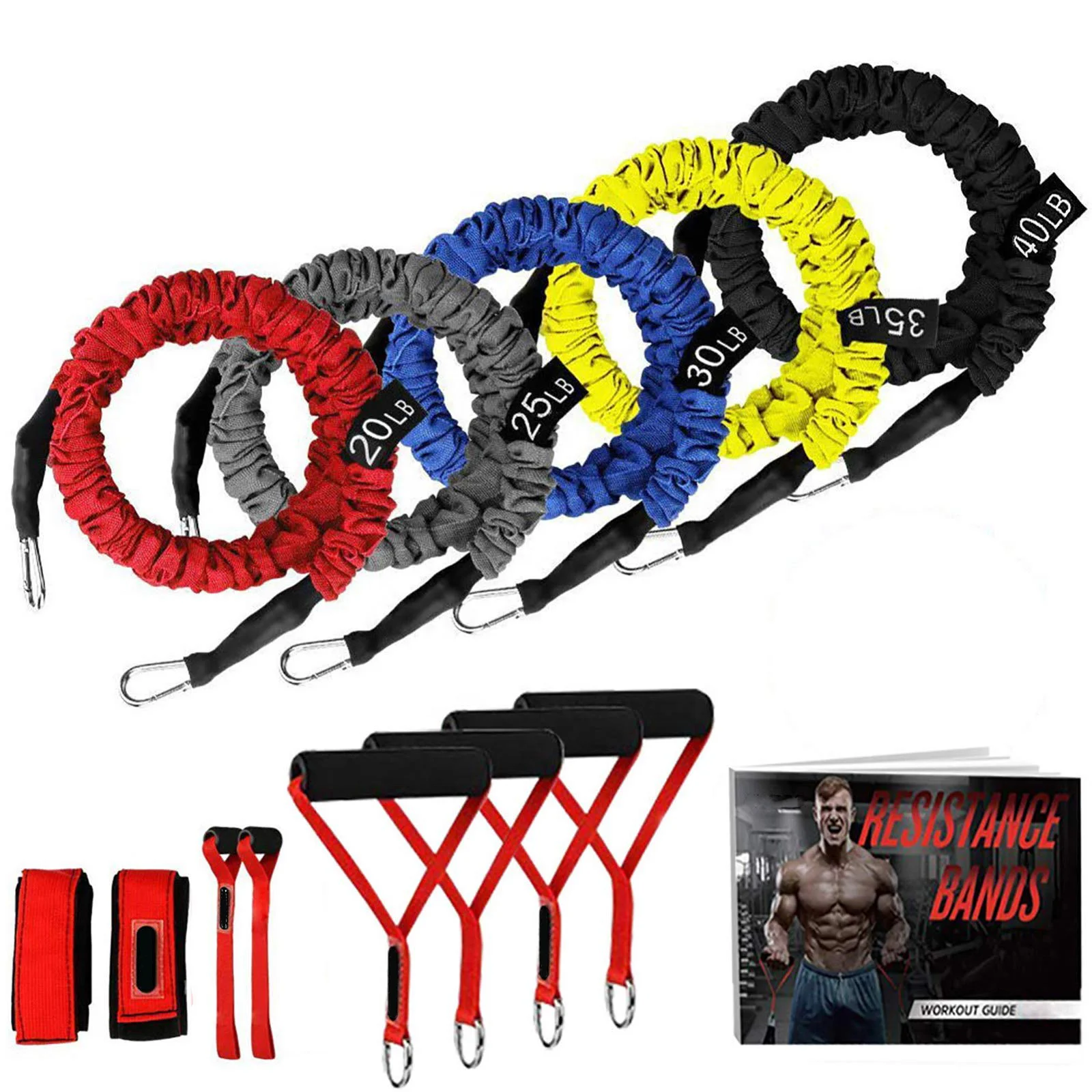 

15 Pieces Exercise Resistance Band Set 20lb to 40lb Resistance Tubes with Heavy Protective Nylon Sleeves Anti-Snap for Fitness 1