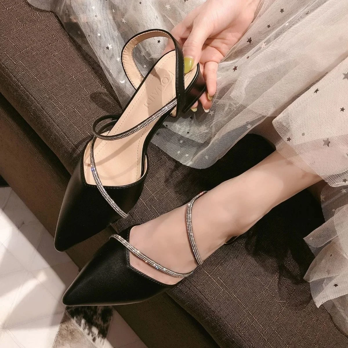 Sandalias de tacón alto con diamantes de imitación que combinan con todo para mujer, zapatos de primavera y otoño, 2022