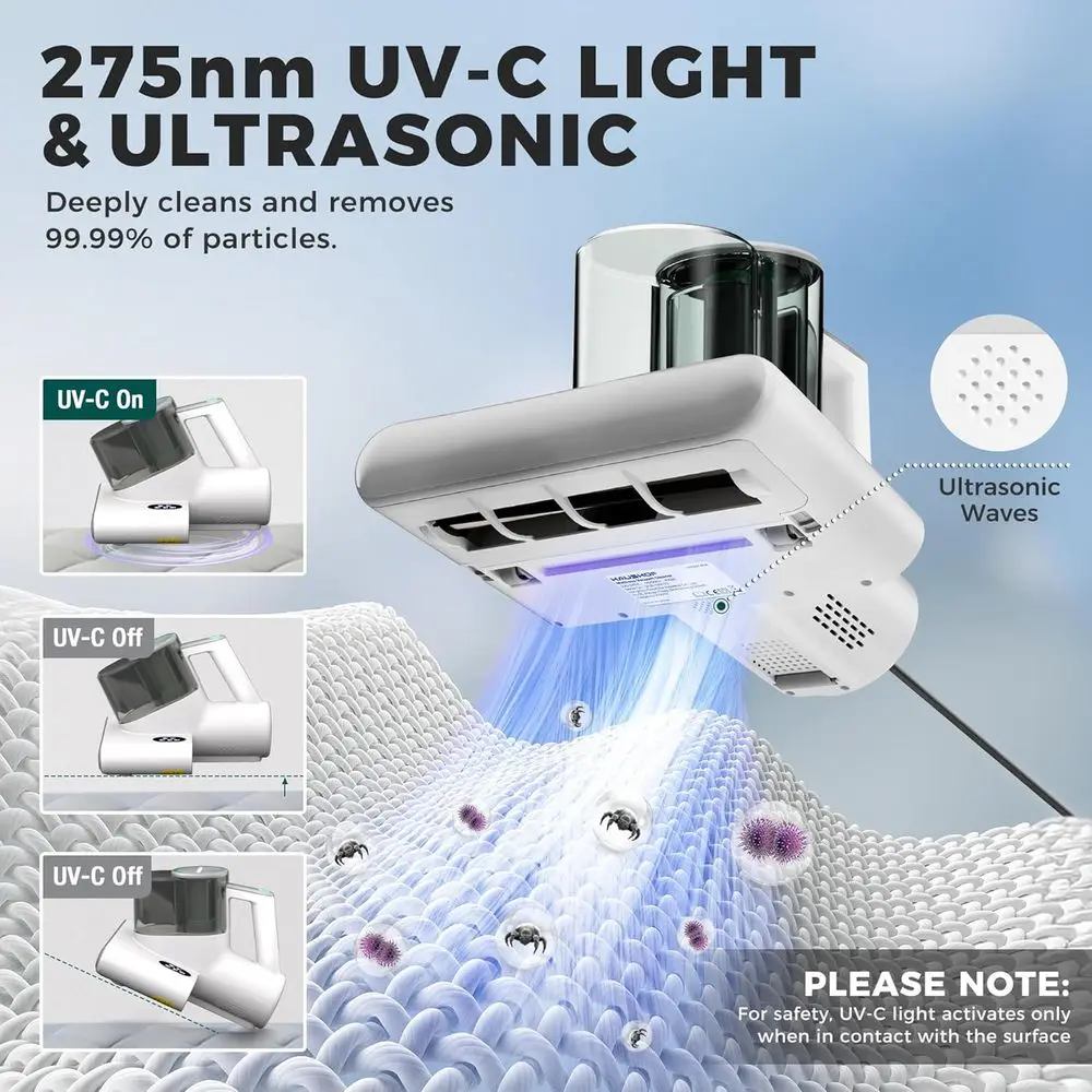 UV-C- en warmtematrasreiniger: 16kPa bedstofzuiger met HEPA, ultrasoon en dubbele bekers