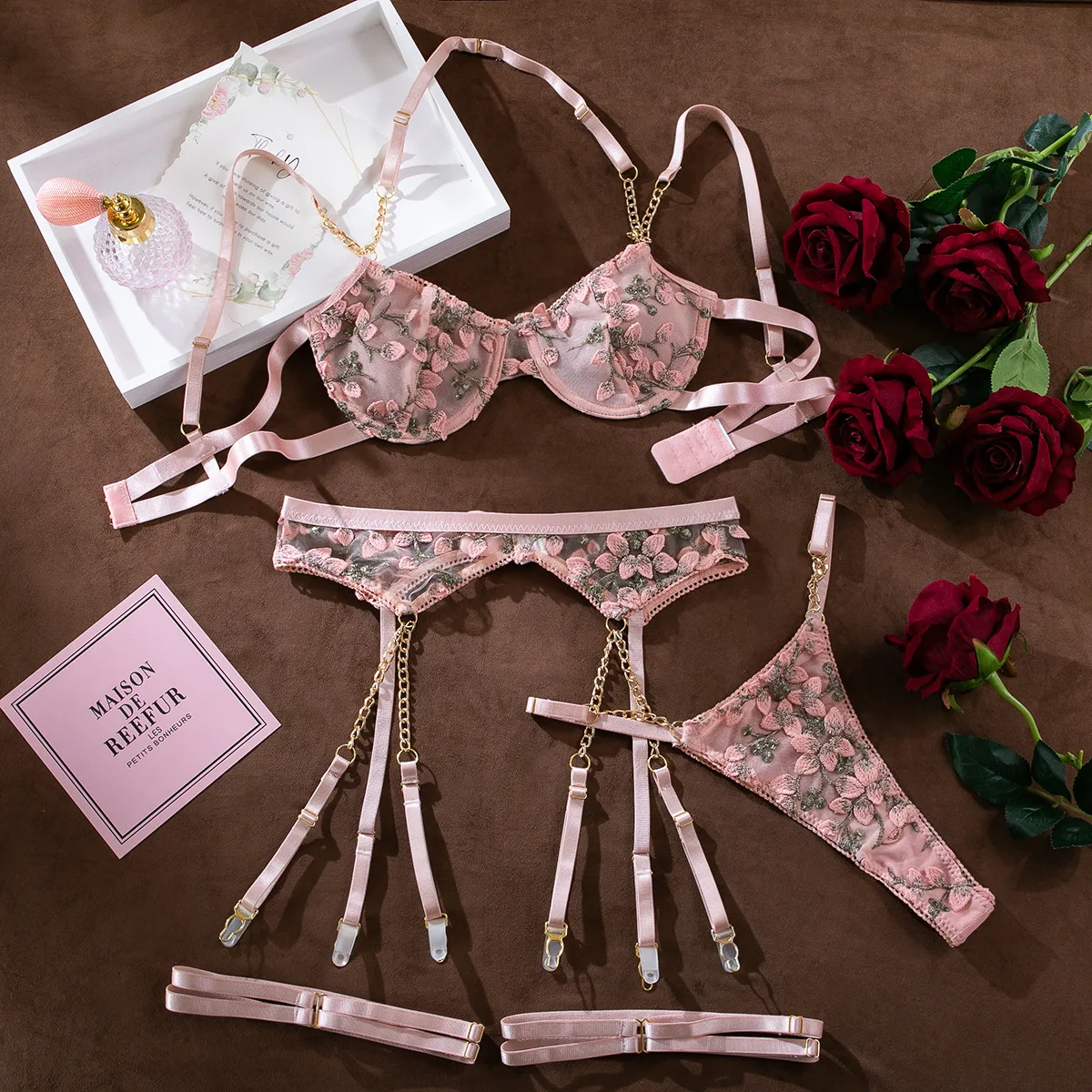 Girl Embroidered Flower Perspective Lingerie Set Women\'s Sweet Sexy Chain Underwear Female Solid See Though Bra Three Piece Set