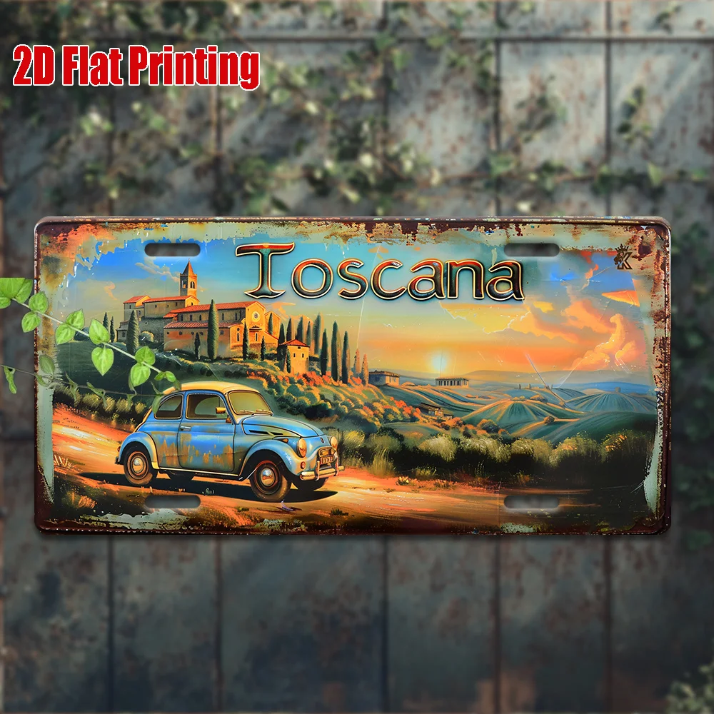 2D Flat - 1pc Vintage Aluminum Metal License Plate Wall Art | Toscana Italian Countryside Scene With Classic Car
