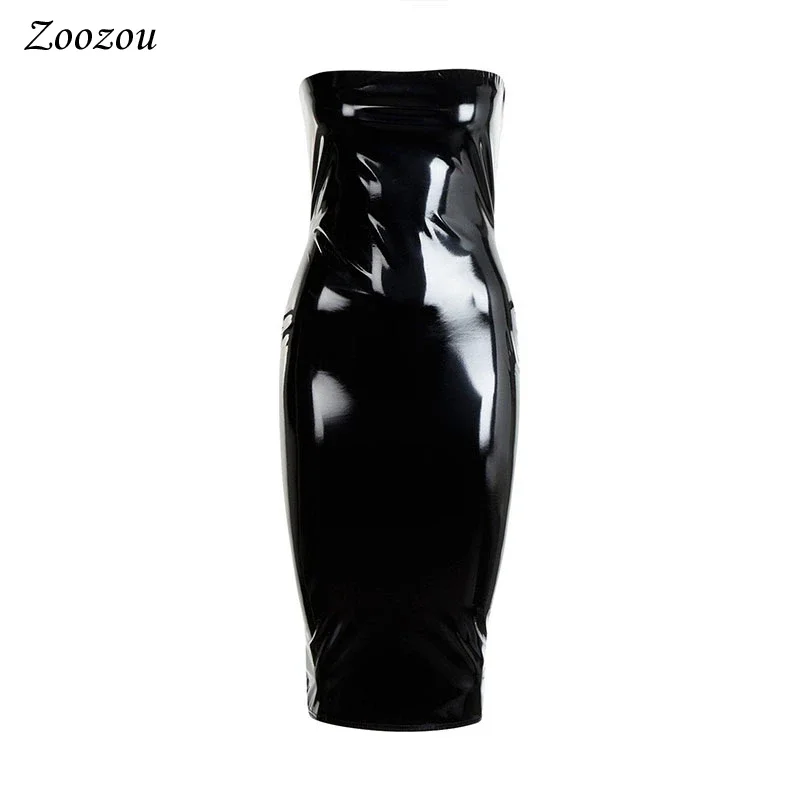 Sexy Strapless Latex Patent Leather Women Dress Black Sleeveless Bodycon Knee Length Pencil Dress Elegant Slim Lady Dress Custom