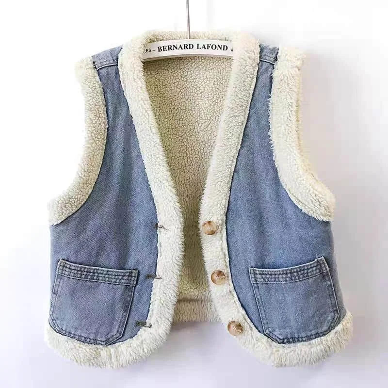 

Fluffy Waistcoats Women Denim Patchwork Vests Korean Style Casual Sleeveless Cardigans Thick Vintage Jackets Loose Women Tops
