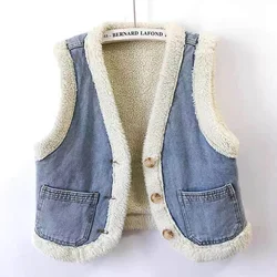 Fluffy Waistcoats Women Denim Patchwork Vests Korean Style Casual Sleeveless Cardigans Thick Vintage Jackets Loose Women Tops