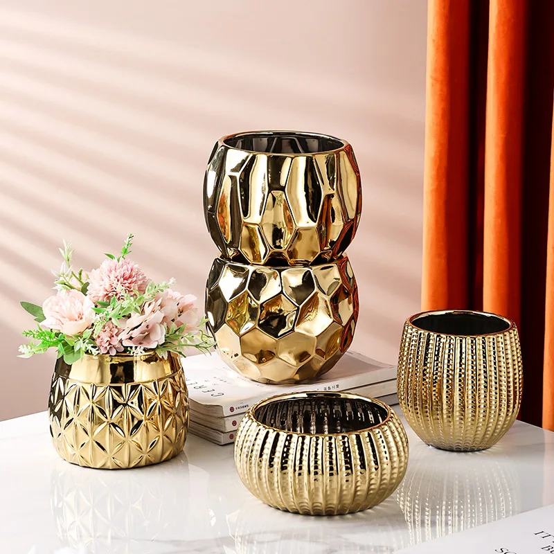 

New Nordic Gold Ceramic Vase Geometric Shape Ceramic Flower Pot Office Flower Arrangement Decorative Flower Pot Home Decor Vase