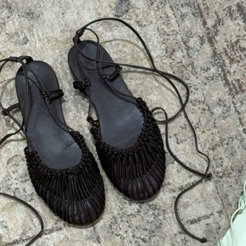 2025 Summer Low Heels Roma Sandals Fashion Outdoor Woven Hollow Women Sandals Casual Lace-up Round Head Sandals image 4