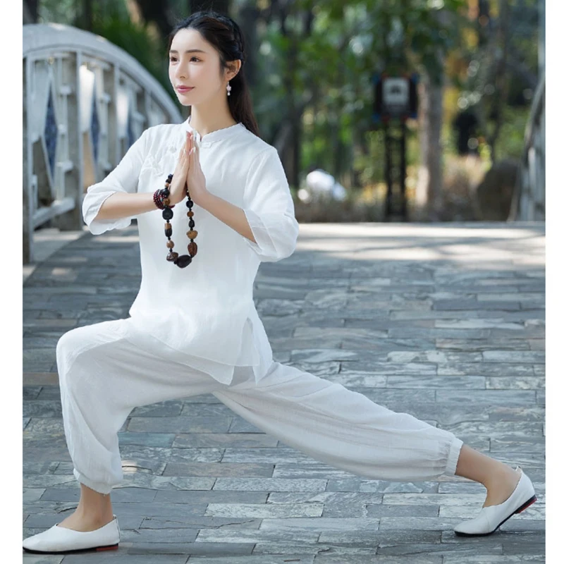 Roupas budistas femininas modernas hanfu estilo chinês jovem kung fu dinastia tang traje de algodão linho tops e calças streetwear