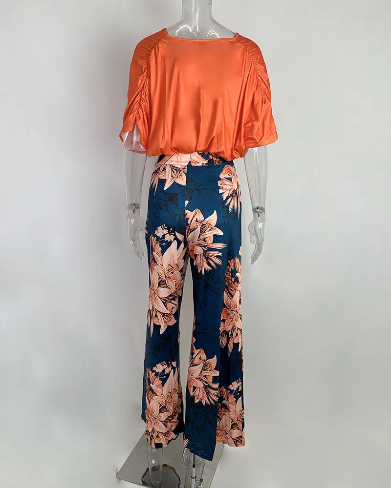 Two Piece Sets Womens Outifits 2023 Spring Fashion V-Neck Short Sleeved Top & Casual Printed High Waist Wide Leg Long Pants Suit