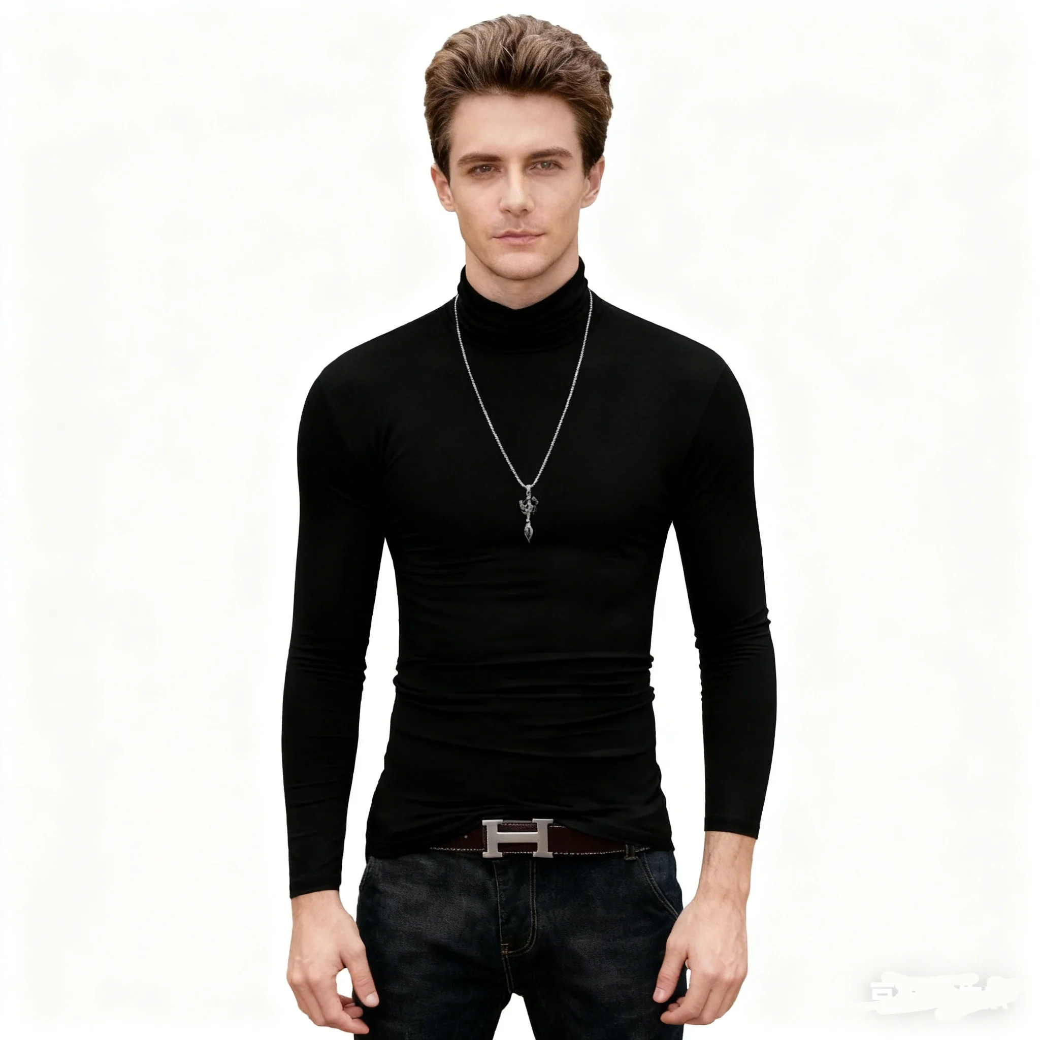 New Fashion Base Tee Shirt Men Slim Fit Polyester High Neck Pullover Turtleneck Sweater Tops Shirt For Male Spring Autumn TShirt