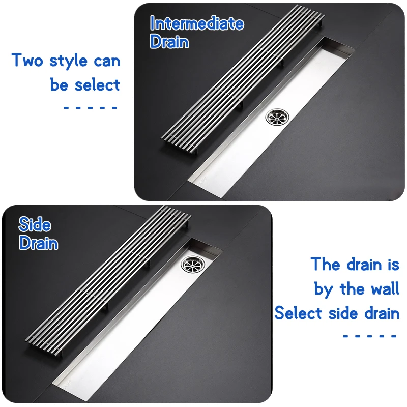 304 Stainless Steel Floor Drain Rectangle Displacement Deodorant Bathroom Shower Long Linear Drainage Side Floor Drains Brushed