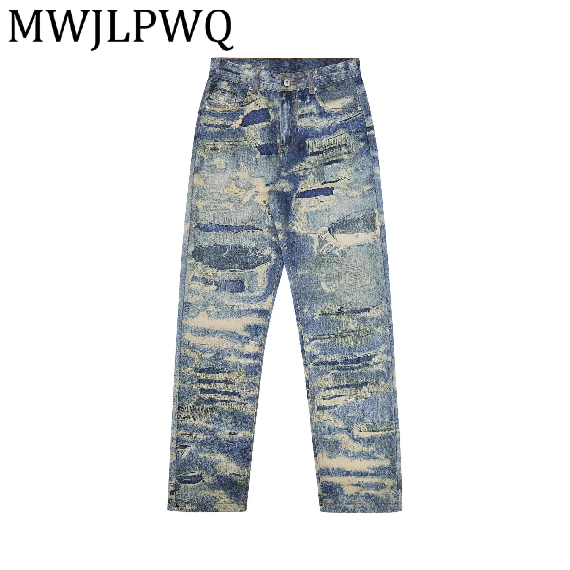 

MWJLPWQ мужские рваные джинсы с 3D принтом High Street Washed Niched унисекс, повседневные широкие брюки, осень 2021, модные 11822