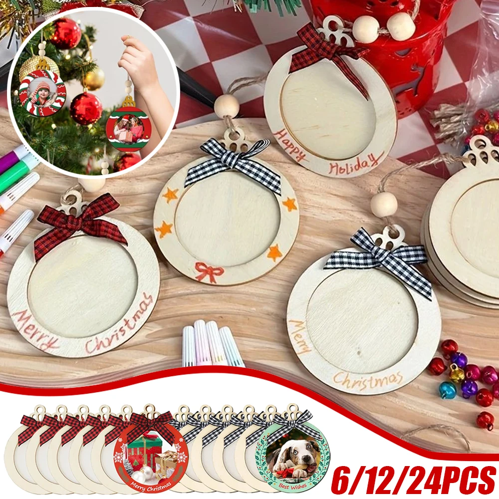 

6/12/24PCS Christmas Picture Frame Decorations DIY Wooden Photo Decoration Unfinished Personalized Hanging Christmas Decorations