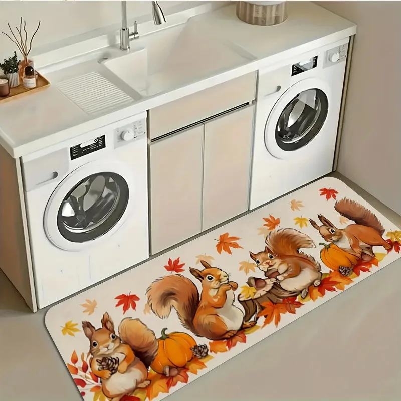 

Fall Squirrel Kitchen Mat Autumn Maple Leaf Entrance Non-slip Doormat Bedroom Laundry Bathroom Floormat Thanksgiving Decorations