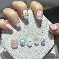 Press On Nails Handmake Dreamy and Cute Fairy Rainbow Round Wearable Fake Nail Patches That Are Removable and Reusable