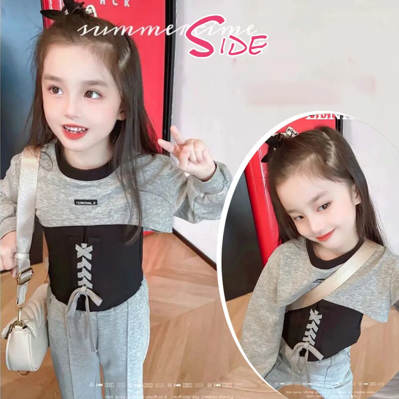 Spring Autumn Girls 2 Pcs Set Toddler T Shirt + Pants Kids Suit Baby Outfit Children Streetwear Clothes Bandage Fake Two 3-13Y