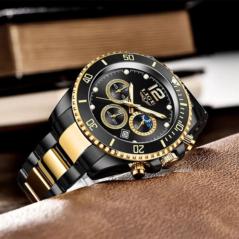 LIGE Design Big Chronograph Quartz Watches for Men Sport Casual Stainless Steel Band Luminous Wristwatch for Male Creative Clock