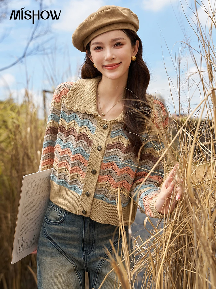 MISHOW Vintage Wave Stripe Knitted Cardigan 2023 Autumn Contrast Color Polo Collar Single Breasted Commute Short Tops MXC45Z0227