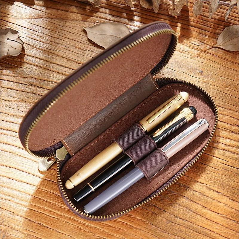 Vintage Crazy Horse Leather Handmade Pen Pouch 3 Pens Oval Zipper Bag Portable Fountain Pen Case New Arrival Stationery Gift