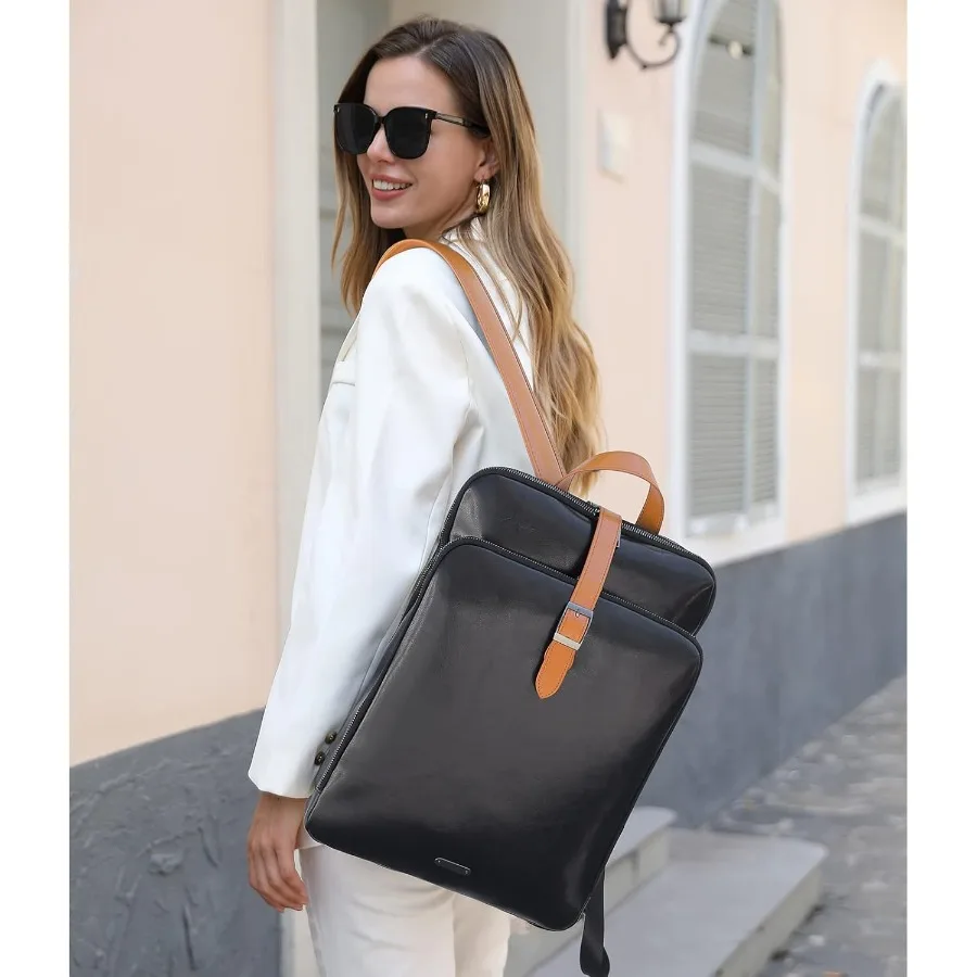 حقيبة ظهر جلدية للنساء مقاس 15.6 بوصة حقيبة كمبيوتر محمول كبيرة حقيبة ظهر أصلية للعمل للسفر