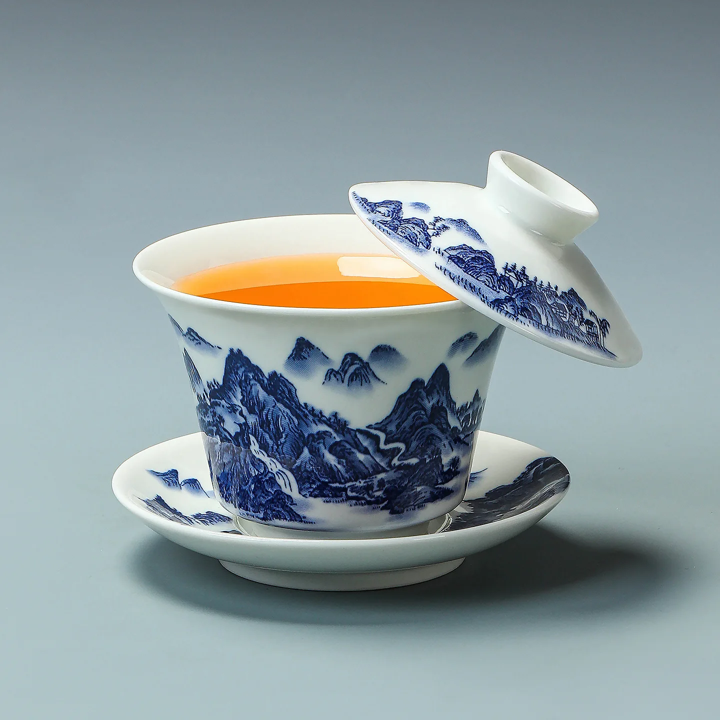 Jingdezhen Blue White Thousand Miles Landscape Sancai Gaiwan Hoverable Lid Porcelain Tea Bowl Kung Fu Tea Set Gift
