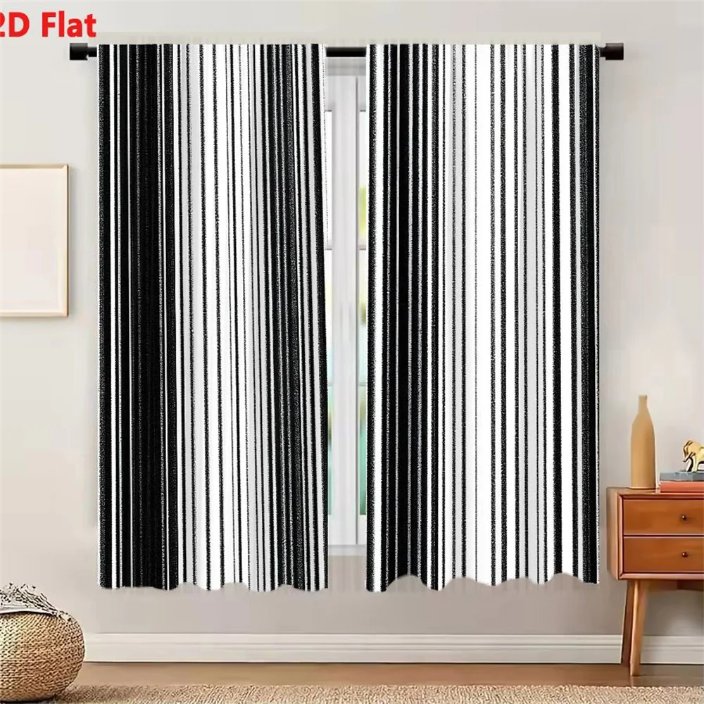 2Pcs Curtains Abstract Black And White Vertical Stripe Pattern With Varying Line Widths Resembling A Distorted Barcode Or Glitch