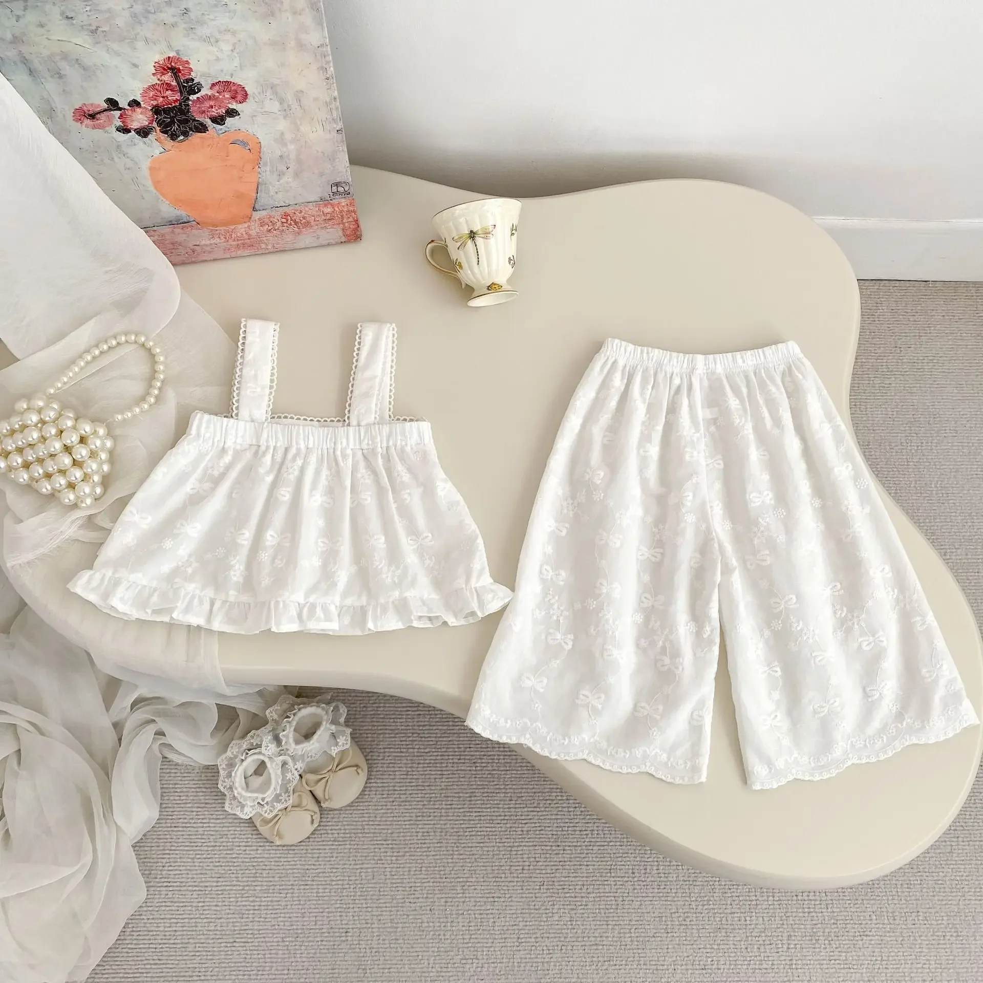 

Tops Slip Shirts+Pants,Kids Children Elegant Clothes 1-6Y 2025 Baby Girls Summer Clothing Set Fashion Embroidered 2pcs Suits