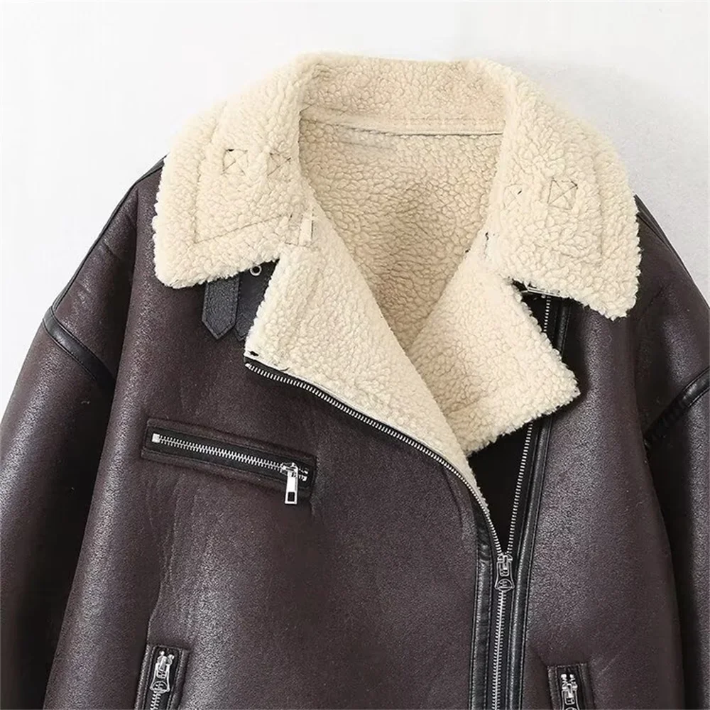 TRAF 2024 Autumn New Product Women\'s Casual Loose Fur One Piece Fleece Lining Motorcycle Jacket Jacket