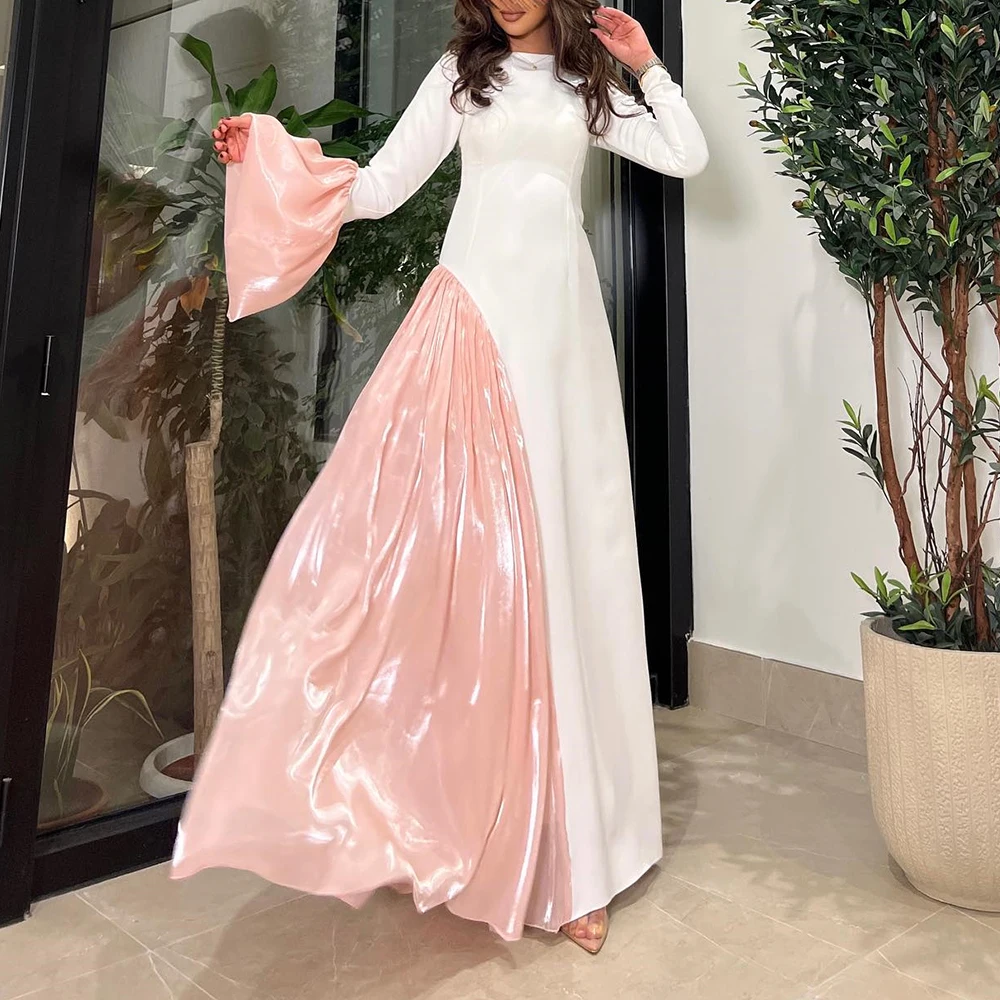 Temperament Jersey A-Line Flare sleeves Evening Dress O-neck Long Sleeves Floor Length Sweep Train Photo Color فساتين سهرة