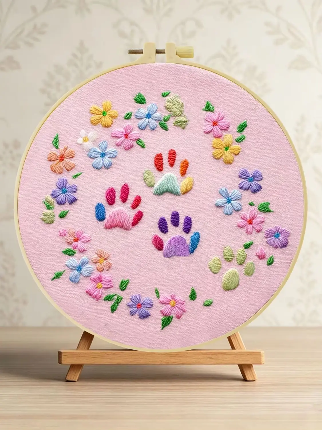 Bunte Pfotenabdrücke und Blumen 1 Stück DIY Stickerei-Material-Set für Anfänger Stickerei-Starter-Kit Kreuzstich-Kunst als Geschenk Neu – Detail 1