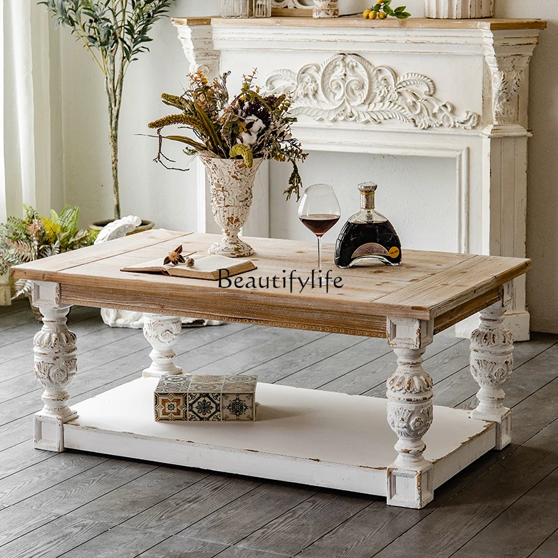 

American retro solid wood dining table villa homestay home Roman column carving creative living room rectangular dining table