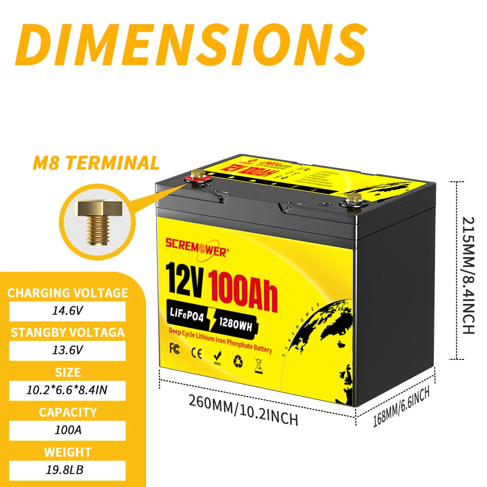 Batteria al litio ferro fosfato 12V 100Ah LiFePO4 da 2 pezzi Batteria al litio ferro fosfato 6000+ cicli profondi BMS 100A integrato per accumulo di