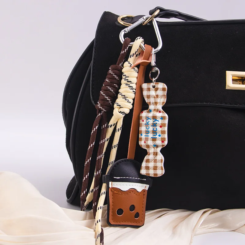 

New Leather Milk Tea Cup Bag Pendant,Acrylic Candy Mobile Phone Case Keychain,DIY Braided Rope Bag Parts Decor Accessories