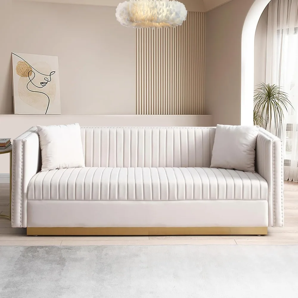 

Modern Velvet Loveseat Sofa, 78 Inch Channel Tufted Sofa Couch, Luxury 3 Seater Couch with 2 Pillows and Gold Metal Leg