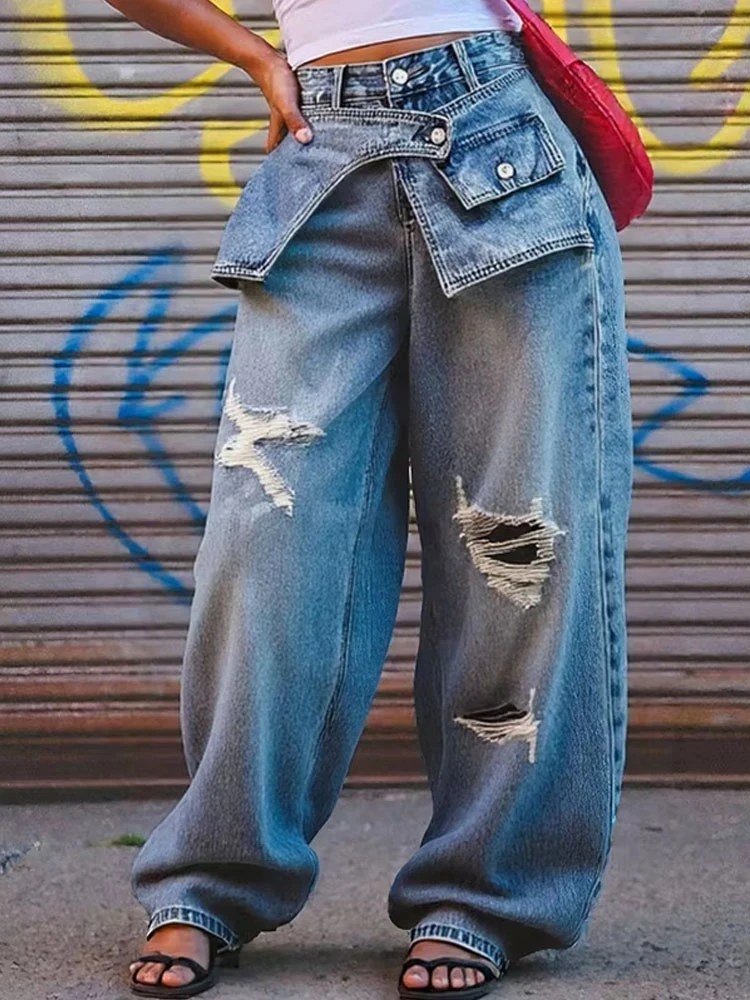 

Vintage Ripped Straight Jeans Women Loose Double Waist Spliced Hip Hop Trend Distressed Washed Denim Wide Leg Pants Streetwear