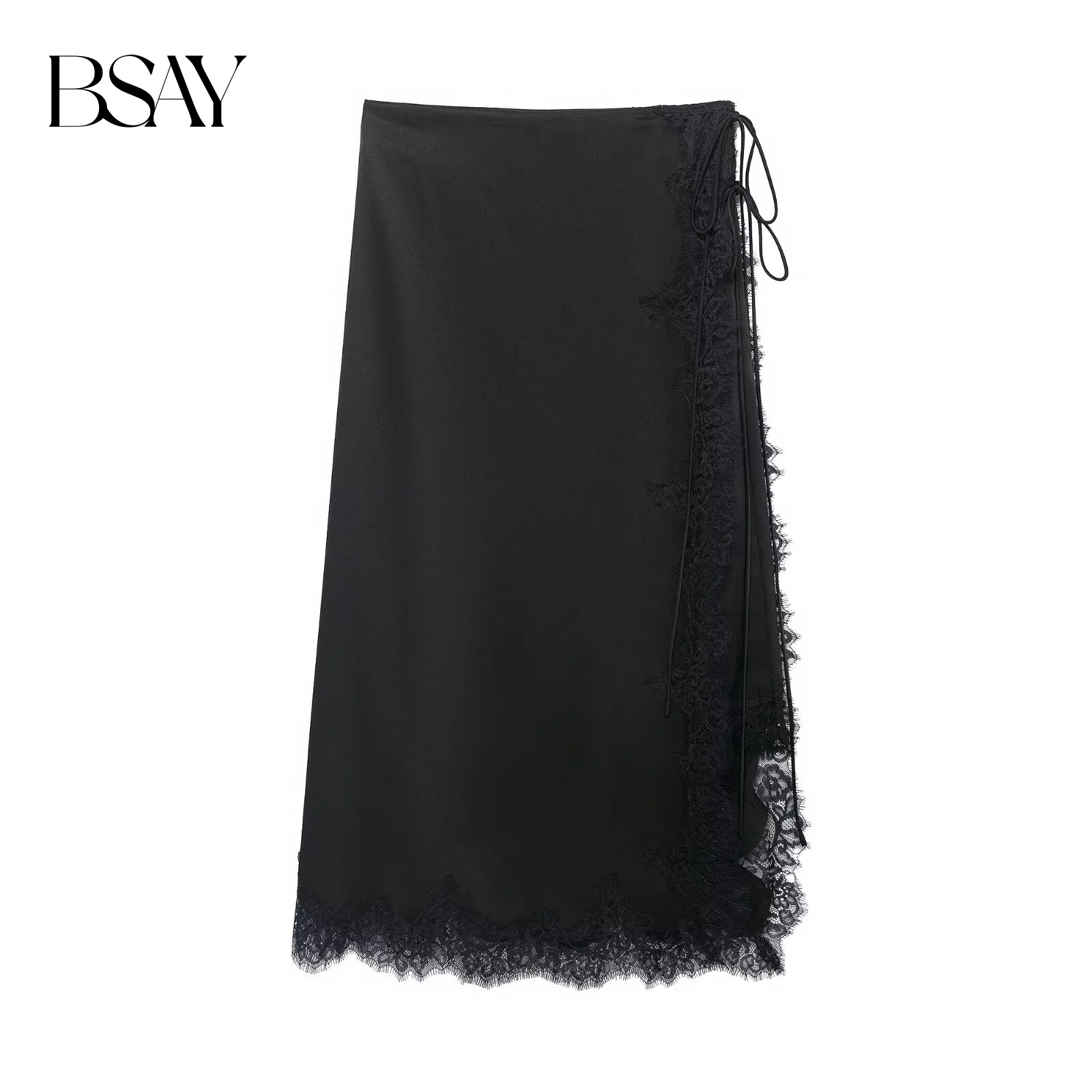 

BSAY Кружевная атласная юбка для женщин, модная осенне-зимняя новая однотонная черная шикарная женская элегантная юбка-миди с высокой талией Mujer
