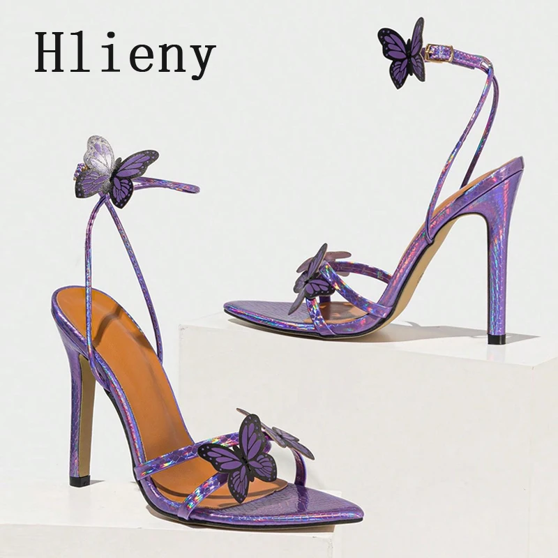 Hlieny الصيف موضة فراشة عقدة مثير أشار تو الكاحل حزام الصنادل امرأة خنجر عالية الكعب مأدبة أحذية الحفلات