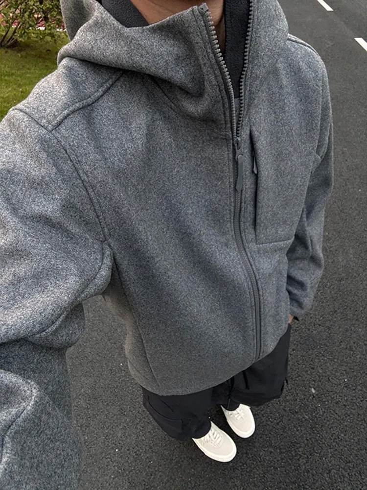 Thickened Outdoor Sports Woolen Jacket Men's Autumn Winter American Desert Style Hoodie Slim Fit Windproof Fleece Lined Jacket