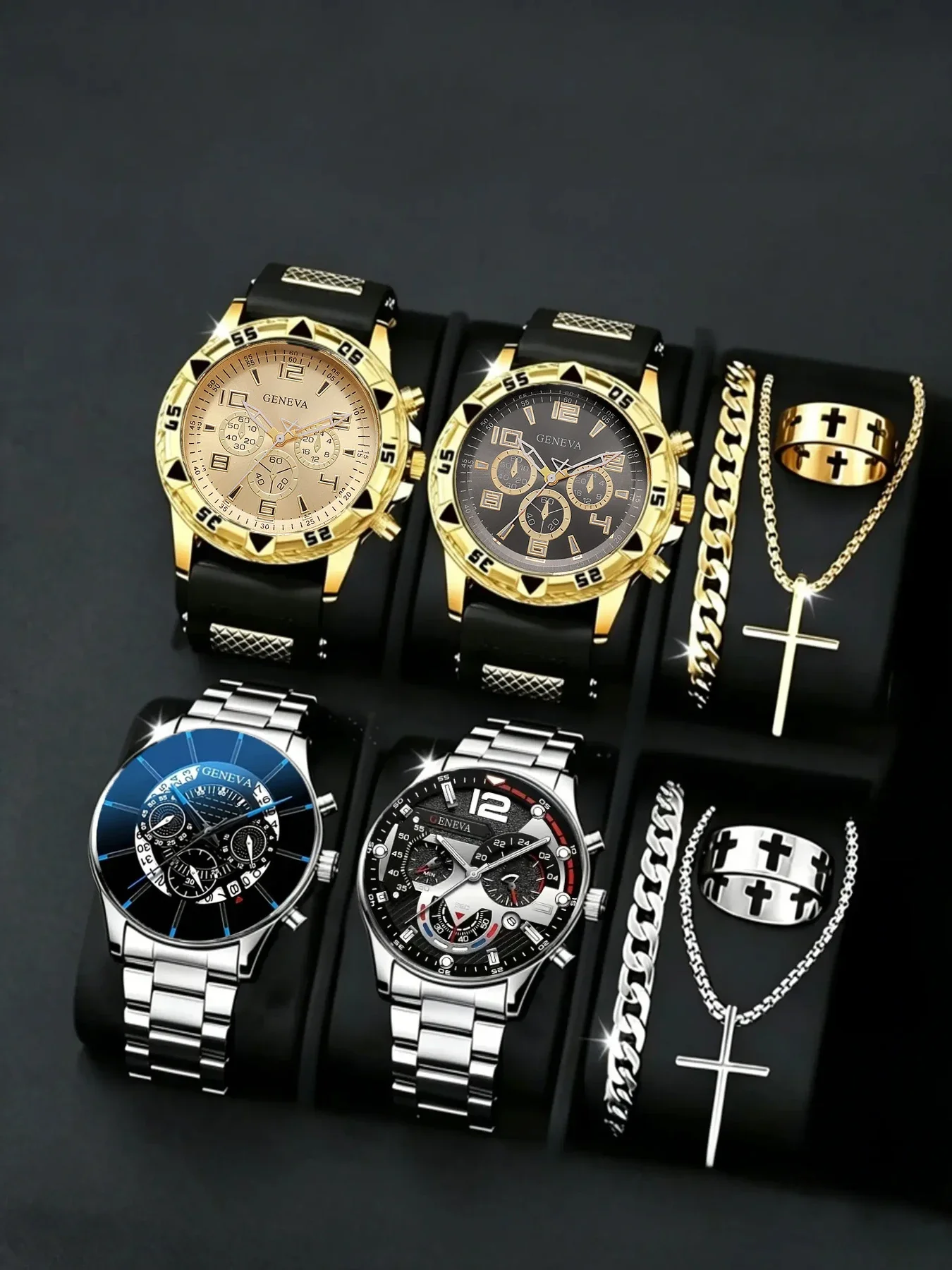 **10-Piece Men's Sports Quartz Watch Set with Blue-Tinted Glass and Large Dial**
