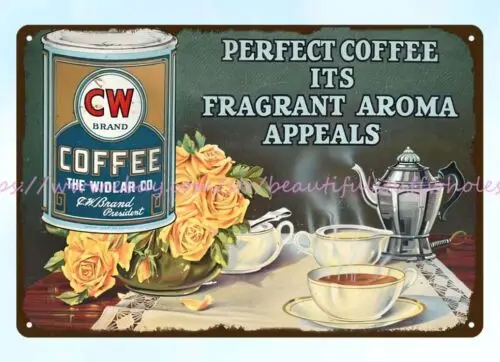 CW 브랜드 커피 금속 주석 사인, 멋진 차고 인테리어, 1920s